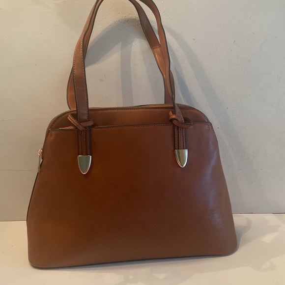 Brown dome shaped satchel bag faux leather gold tone hardware 2 handles - Picture 16 of 16